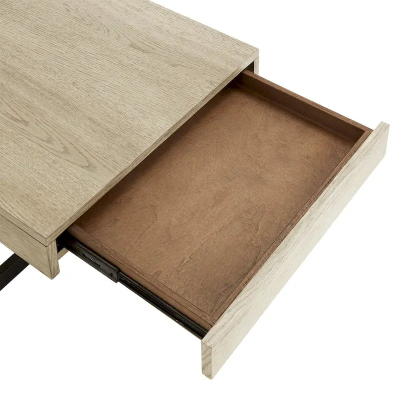 Table basse finition bois avec deux tiroirs et base en métal noir