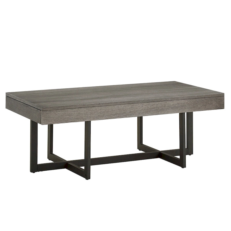 Table basse finition bois avec deux tiroirs et base en métal noir
