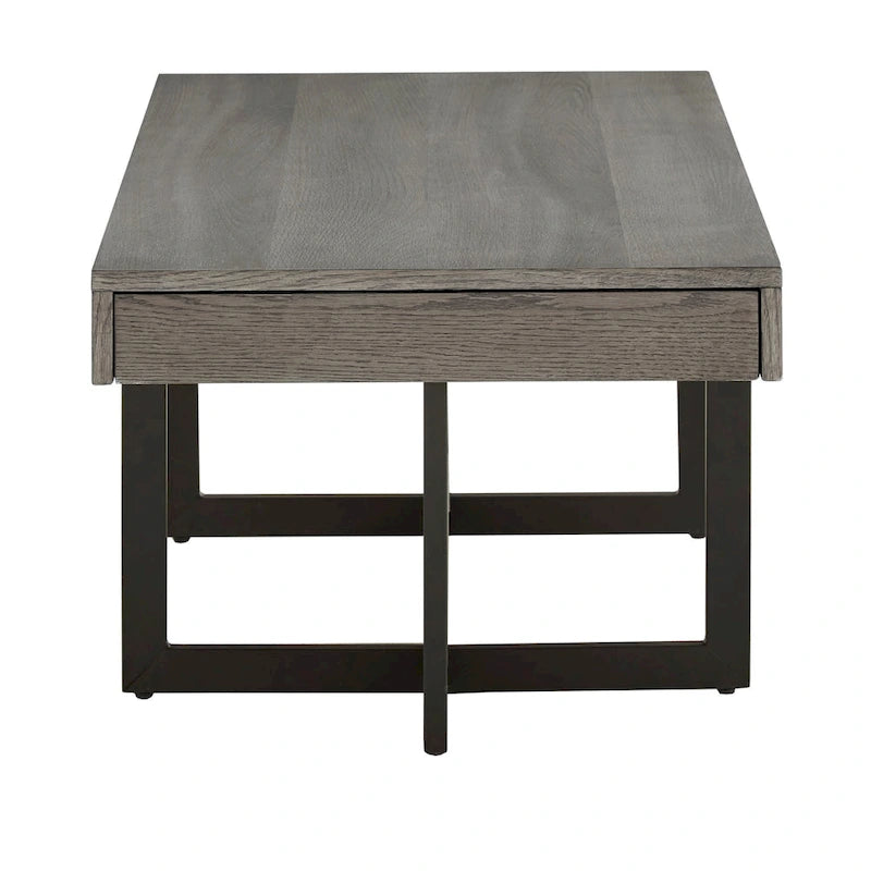Table basse finition bois avec deux tiroirs et base en métal noir