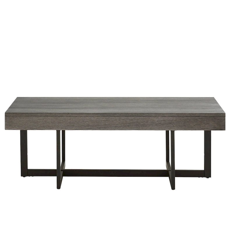 Table basse finition bois avec deux tiroirs et base en métal noir