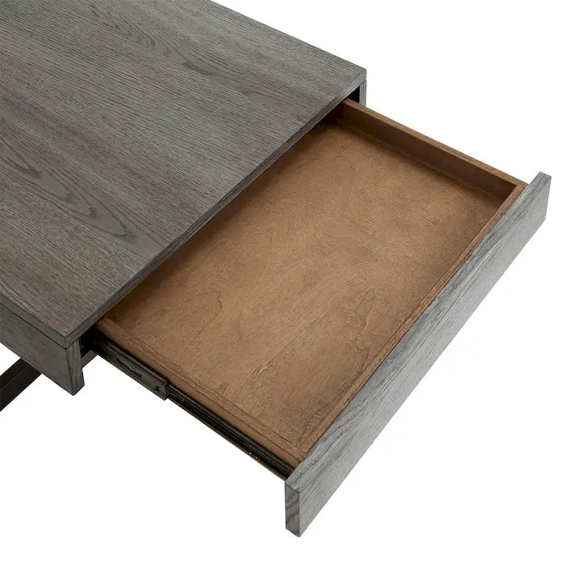 Table basse finition bois avec deux tiroirs et base en métal noir