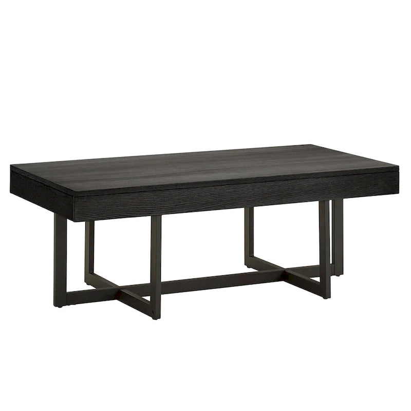 Table basse finition bois avec deux tiroirs et base en métal noir
