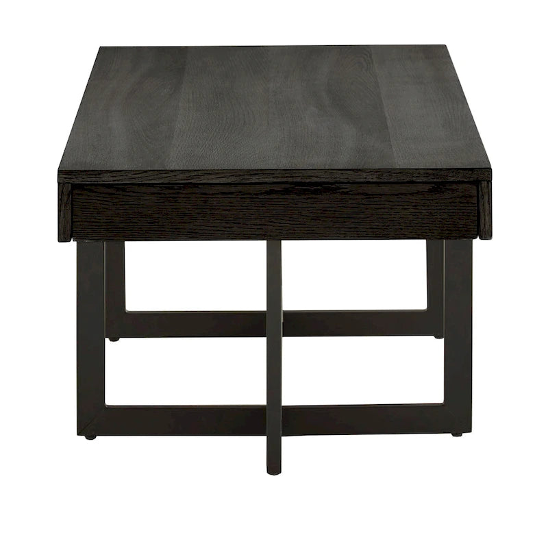 Table basse finition bois avec deux tiroirs et base en métal noir