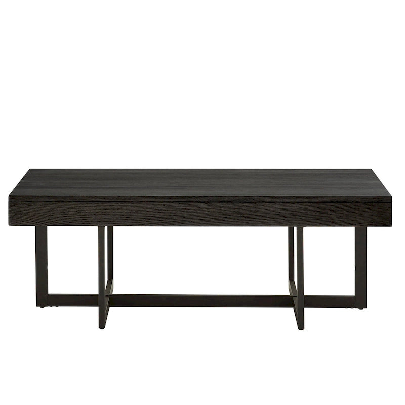 Table basse finition bois avec deux tiroirs et base en métal noir