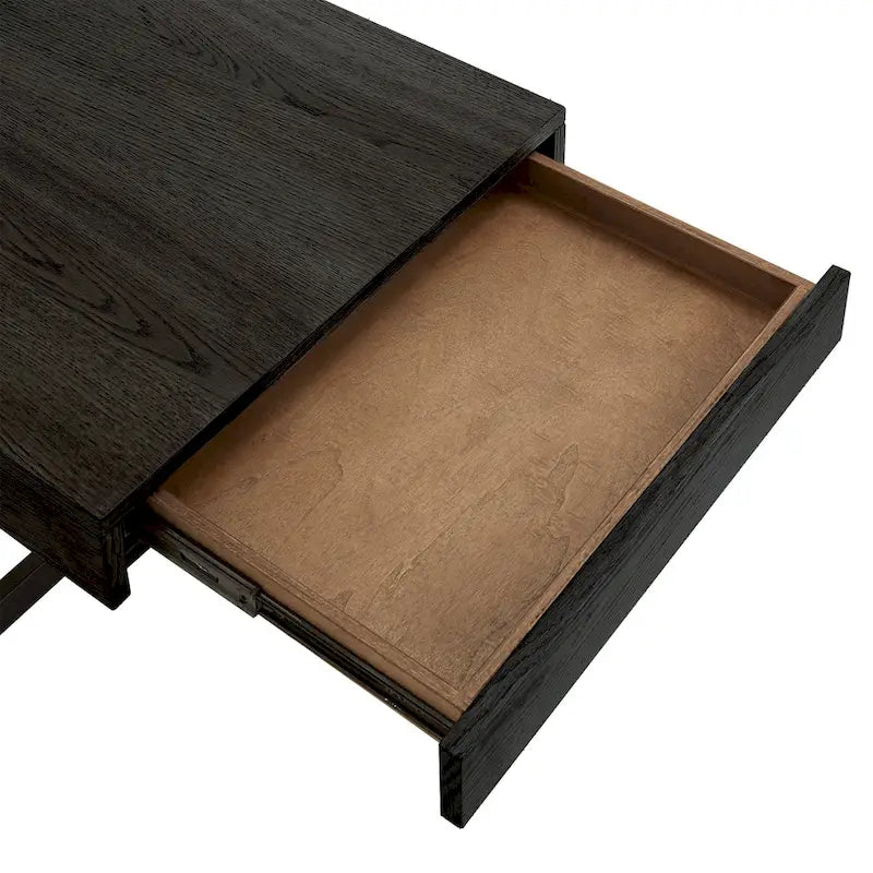 Table basse finition bois avec deux tiroirs et base en métal noir