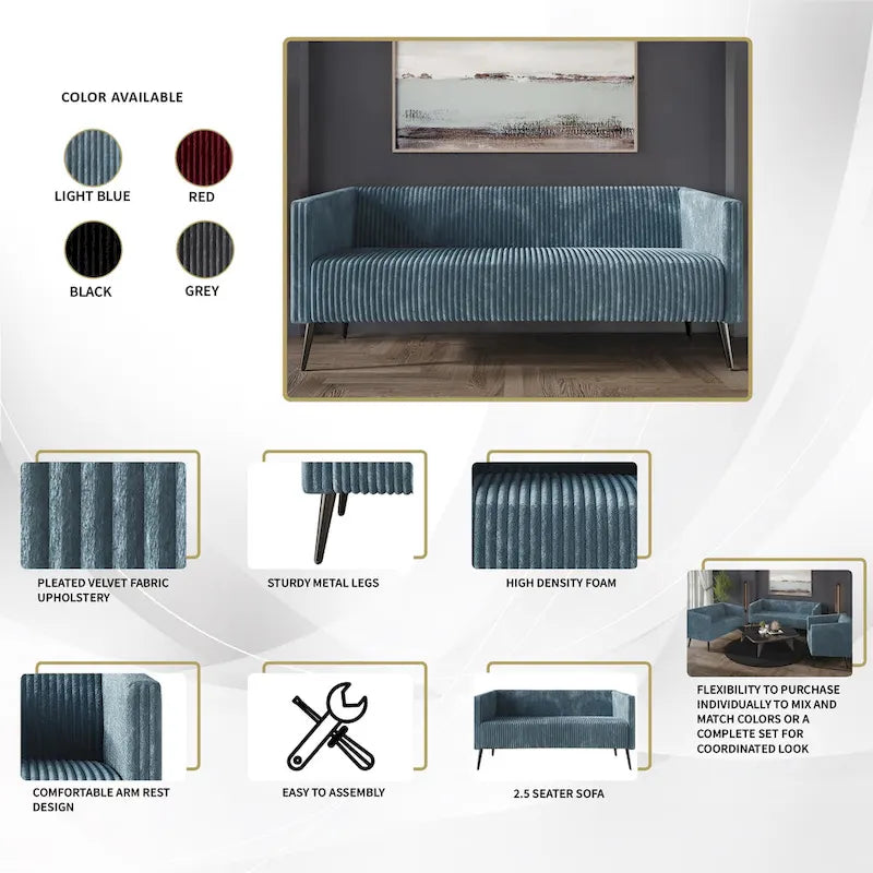 Canapé en velours côtelé avec pieds en métal, bleu clair, noir, gris, rouge