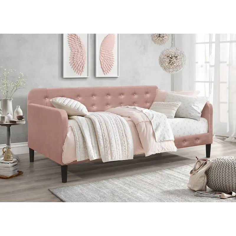 Cadre de lit de repos capitonné en velours avec accoudoirs roulés rose bleu