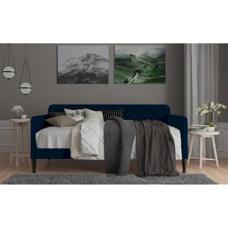 Cadre de lit de repos capitonné en velours avec accoudoirs roulés rose bleu