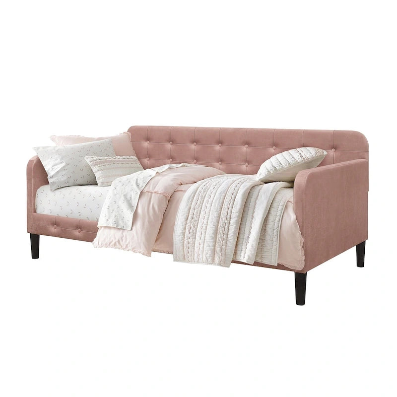 Cadre de lit de repos capitonné en velours avec accoudoirs roulés rose bleu