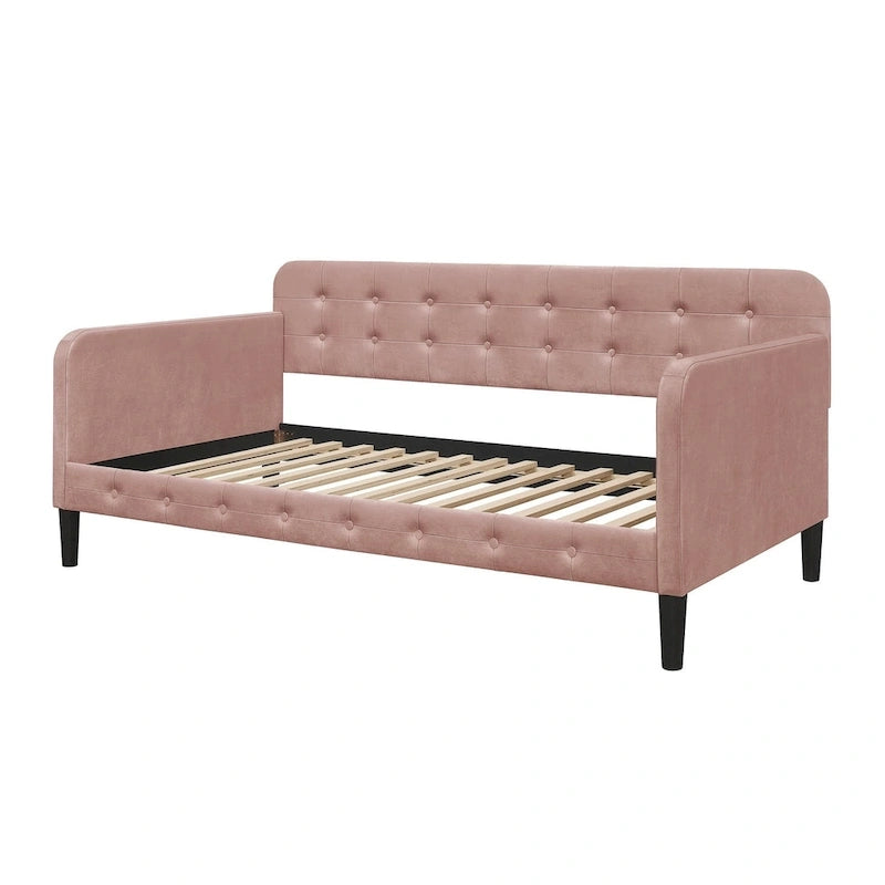 Cadre de lit de repos capitonné en velours avec accoudoirs roulés rose bleu