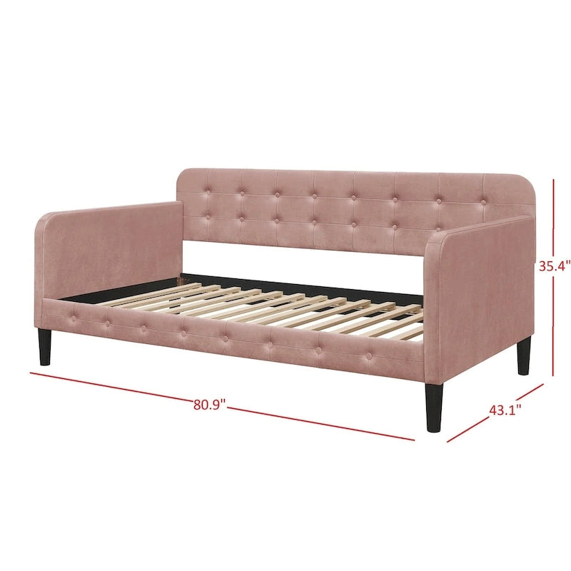 Cadre de lit de repos capitonné en velours avec accoudoirs roulés rose bleu