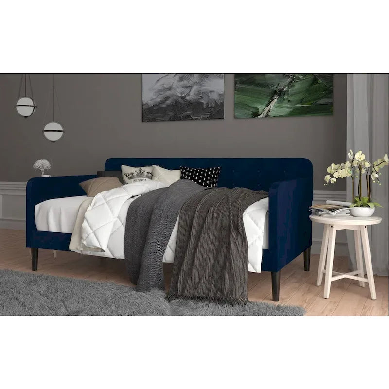 Cadre de lit de repos capitonné en velours avec accoudoirs roulés rose bleu