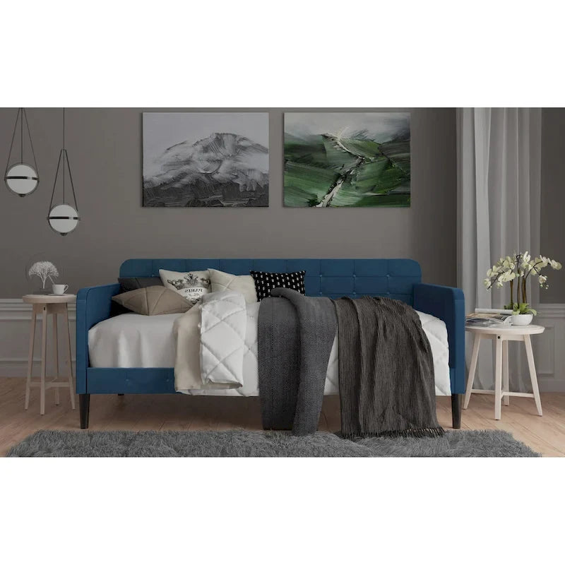 Cadre de lit de repos capitonné en velours avec accoudoirs roulés rose bleu