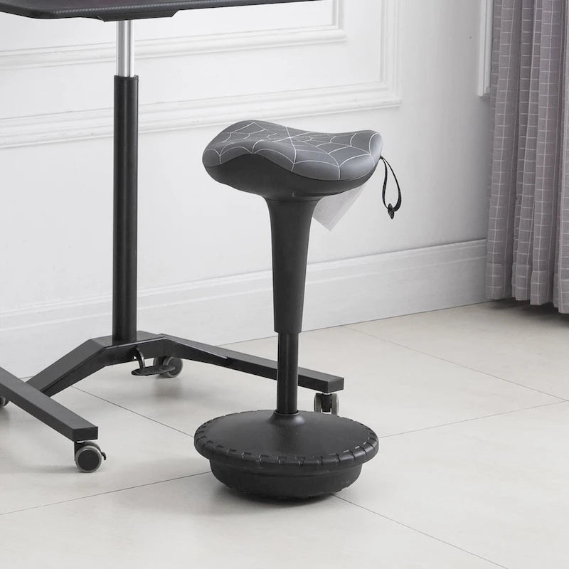 Tabouret oscillant à selle motif toile d'araignée grise, hauteur réglable et pivotement à 360°