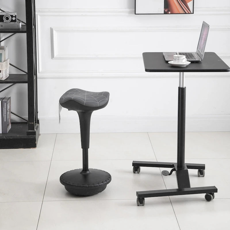 Tabouret oscillant à selle motif toile d'araignée grise, hauteur réglable et pivotement à 360°