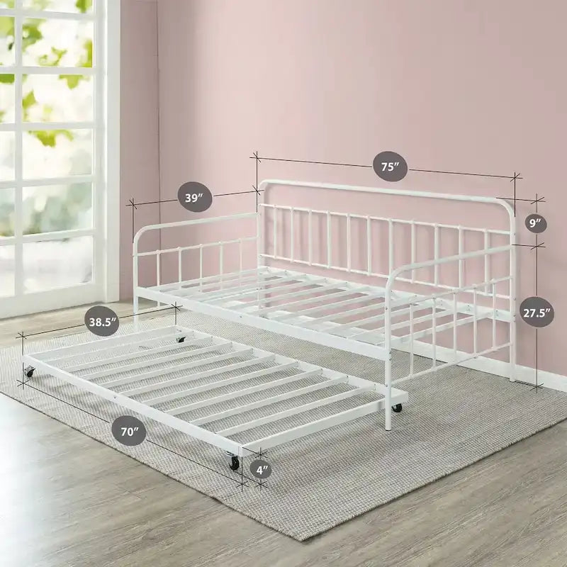 Lit de repos double en métal blanc à cadre incurvé pour petits espaces