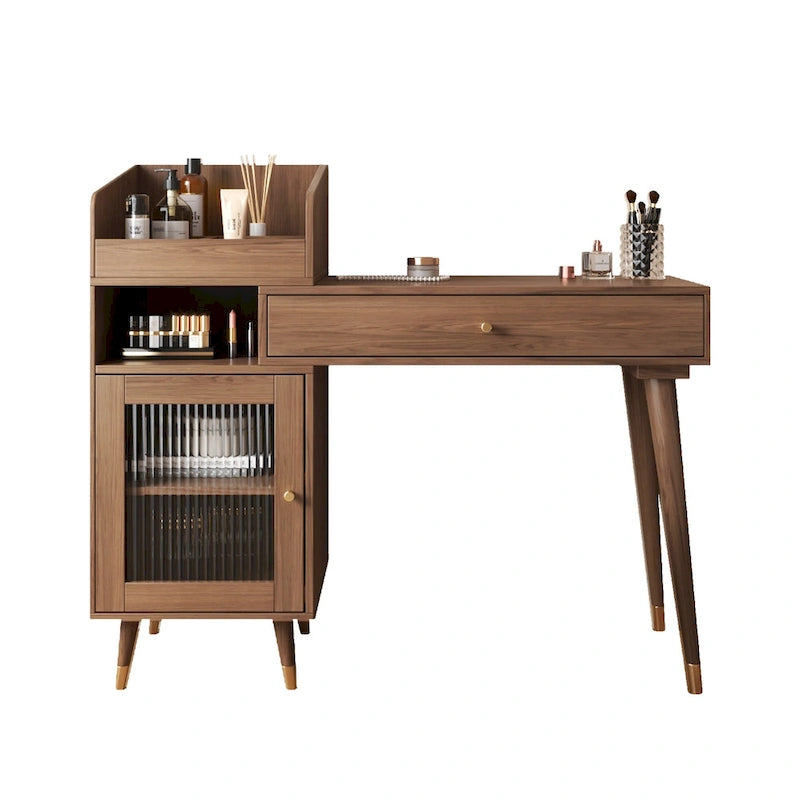 Coiffeuse Extensible avec Meuble Latéral Tiroir Étagères Ouvertes