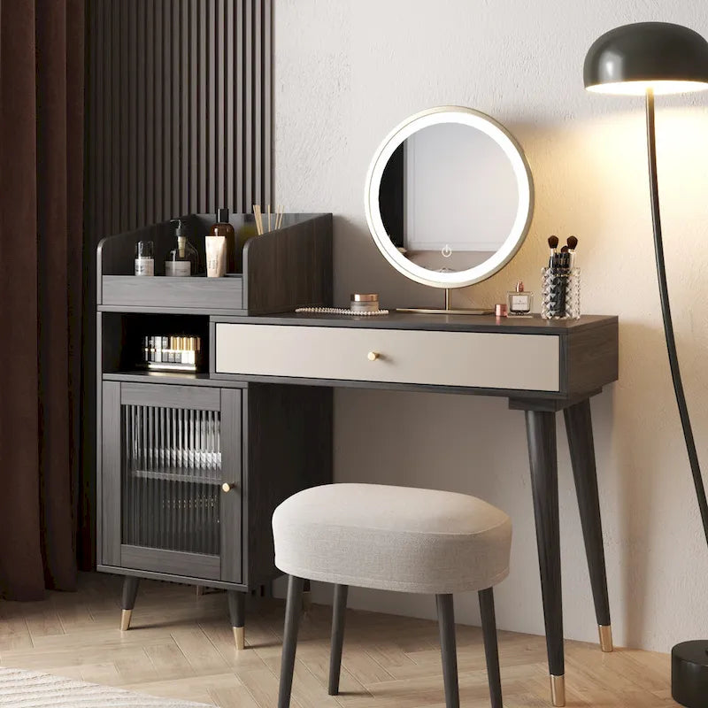 Coiffeuse Extensible avec Meuble Latéral Tiroir Étagères Ouvertes