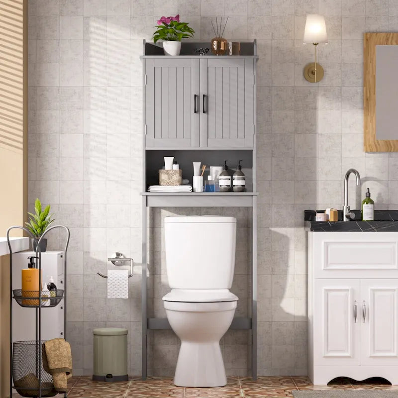 Meuble de Rangement Sur Pied WC avec Portes et Étagères Réglables, Gris et Blanc