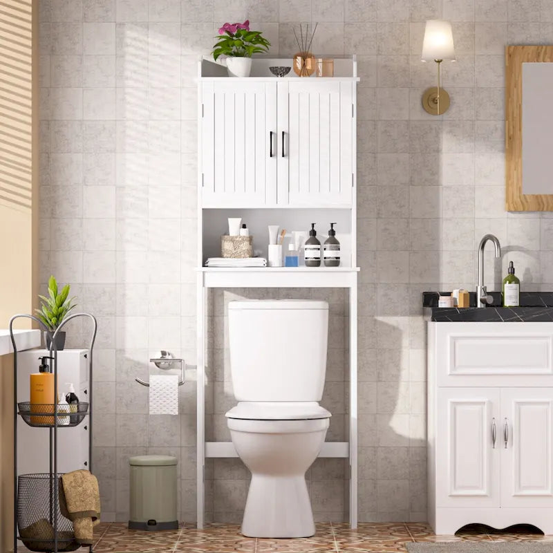 Meuble de Rangement Sur Pied WC avec Portes et Étagères Réglables, Gris et Blanc