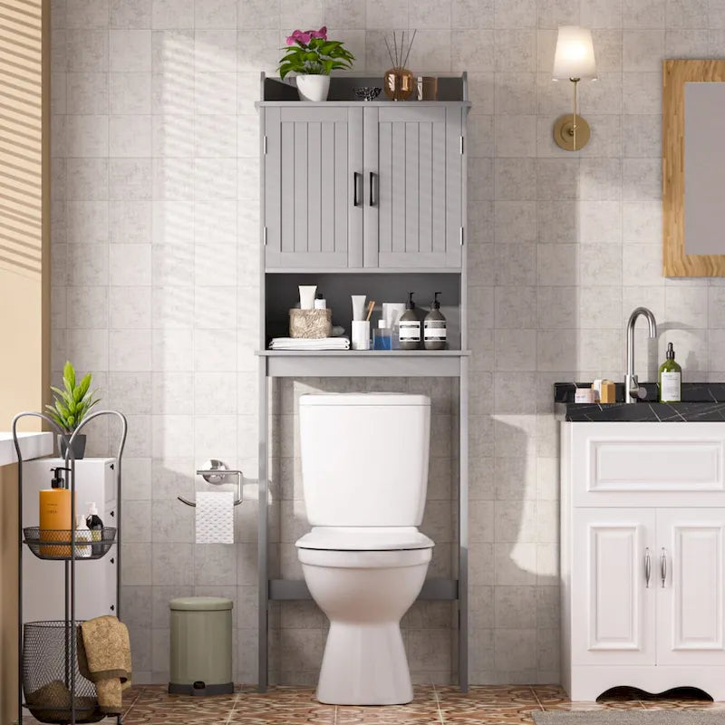 Meuble de Rangement Sur Pied WC avec Portes et Étagères Réglables, Gris et Blanc