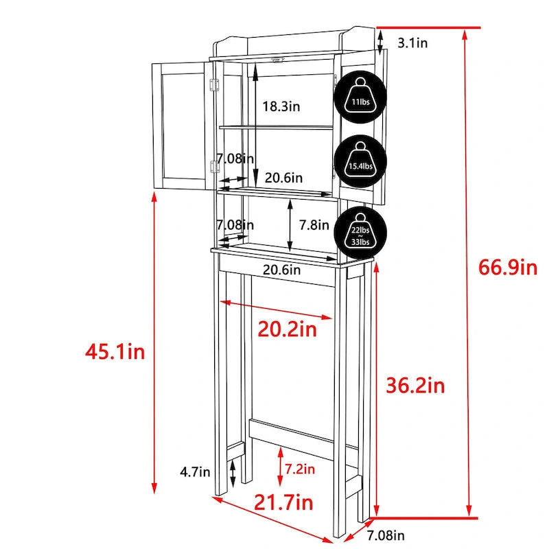 Meuble de Rangement Sur Pied WC avec Portes et Étagères Réglables, Gris et Blanc