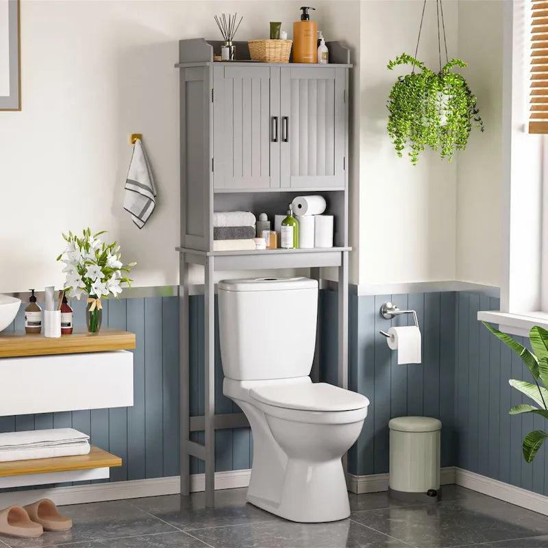 Meuble de Rangement Sur Pied WC avec Portes et Étagères Réglables, Gris et Blanc