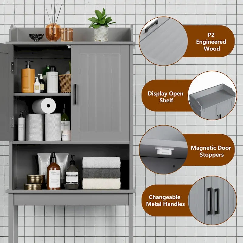 Meuble de Rangement Sur Pied WC avec Portes et Étagères Réglables, Gris et Blanc