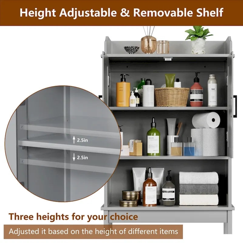 Meuble de Rangement Sur Pied WC avec Portes et Étagères Réglables, Gris et Blanc