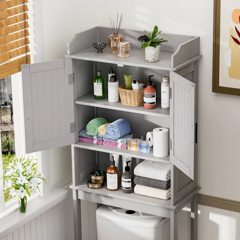 Meuble de Rangement Sur Pied WC avec Portes et Étagères Réglables, Gris et Blanc