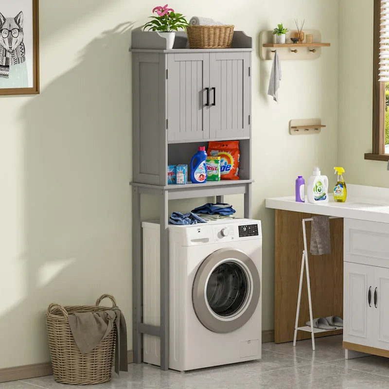 Meuble de Rangement Sur Pied WC avec Portes et Étagères Réglables, Gris et Blanc