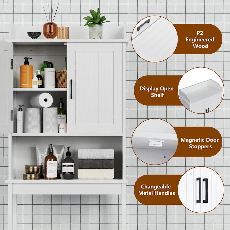 Meuble de Rangement Sur Pied WC avec Portes et Étagères Réglables, Gris et Blanc