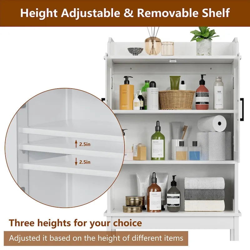 Meuble de Rangement Sur Pied WC avec Portes et Étagères Réglables, Gris et Blanc