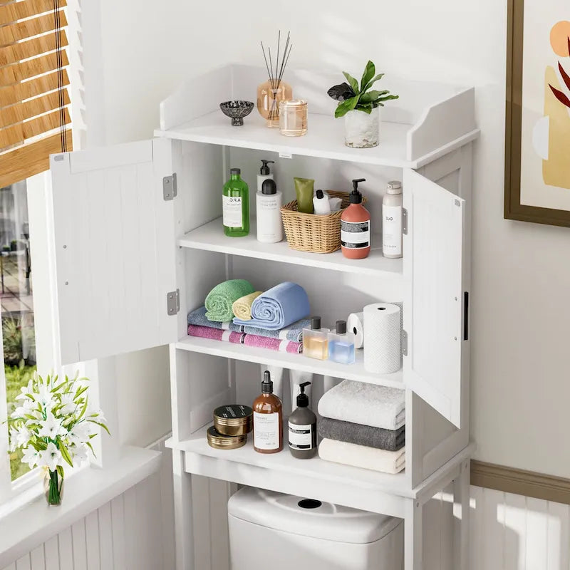 Meuble de Rangement Sur Pied WC avec Portes et Étagères Réglables, Gris et Blanc