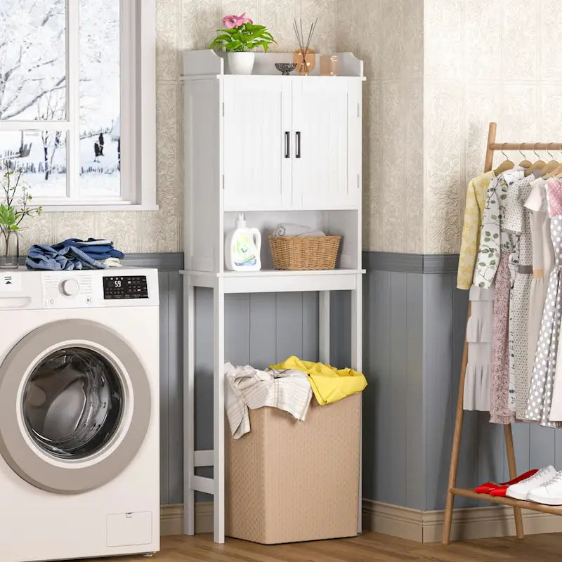 Meuble de Rangement Sur Pied WC avec Portes et Étagères Réglables, Gris et Blanc