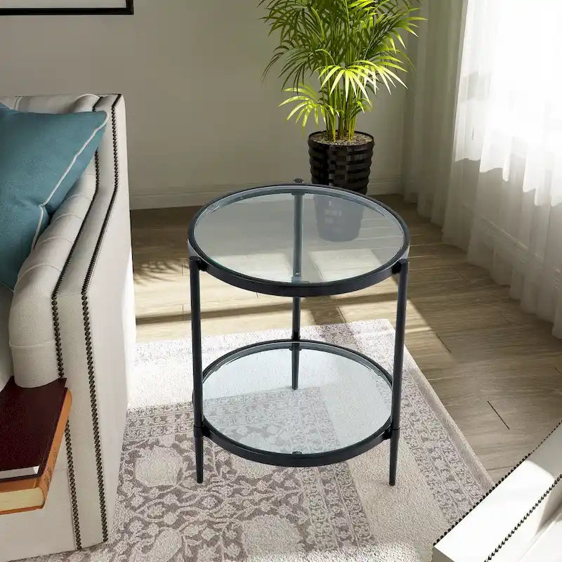 Table d'appoint ronde moderne en verre noir avec étagère inférieure