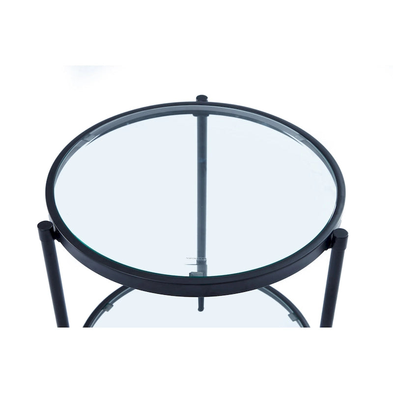 Table d'appoint ronde moderne en verre noir avec étagère inférieure