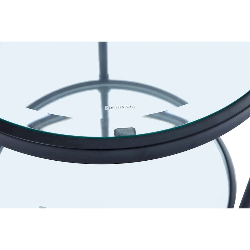 Table d'appoint ronde moderne en verre noir avec étagère inférieure