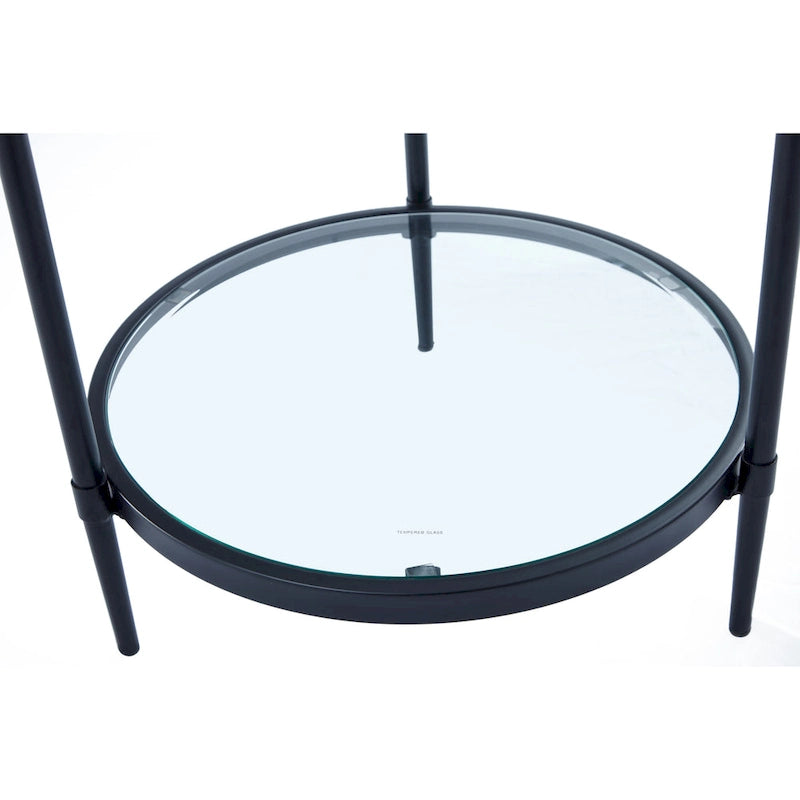 Table d'appoint ronde moderne en verre noir avec étagère inférieure