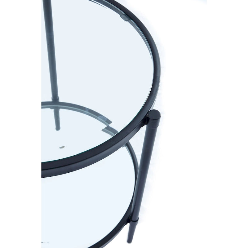 Table d'appoint ronde moderne en verre noir avec étagère inférieure