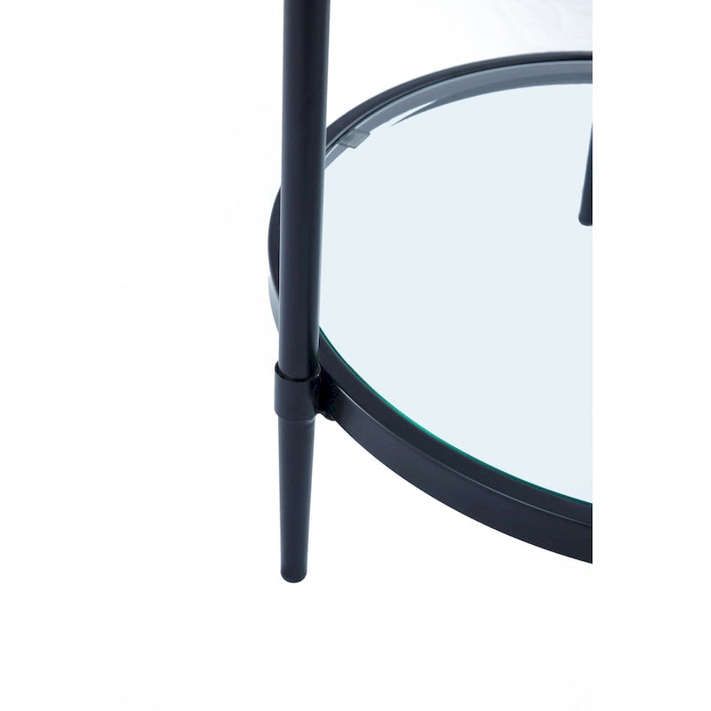 Table d'appoint ronde moderne en verre noir avec étagère inférieure