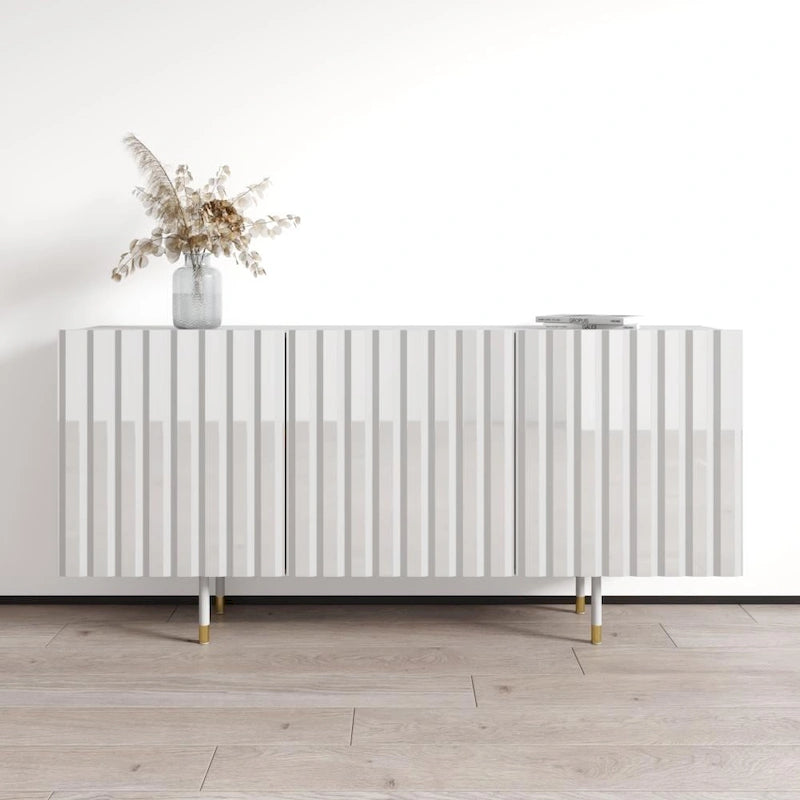 Bahut/Buffet moderne à portes cannelées avec pieds dorés, blanc/noir