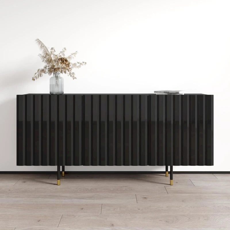 Bahut/Buffet moderne à portes cannelées avec pieds dorés, blanc/noir