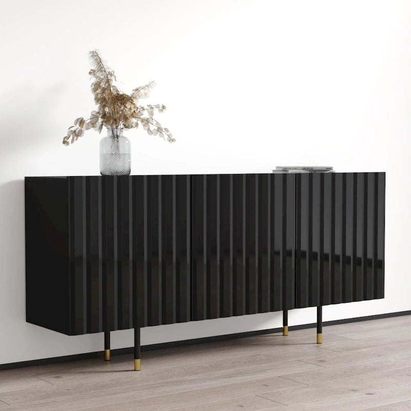 Bahut/Buffet moderne à portes cannelées avec pieds dorés, blanc/noir