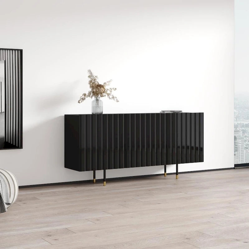 Bahut/Buffet moderne à portes cannelées avec pieds dorés, blanc/noir