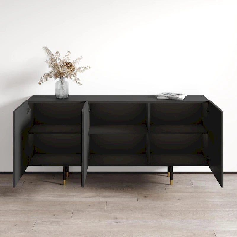 Bahut/Buffet moderne à portes cannelées avec pieds dorés, blanc/noir
