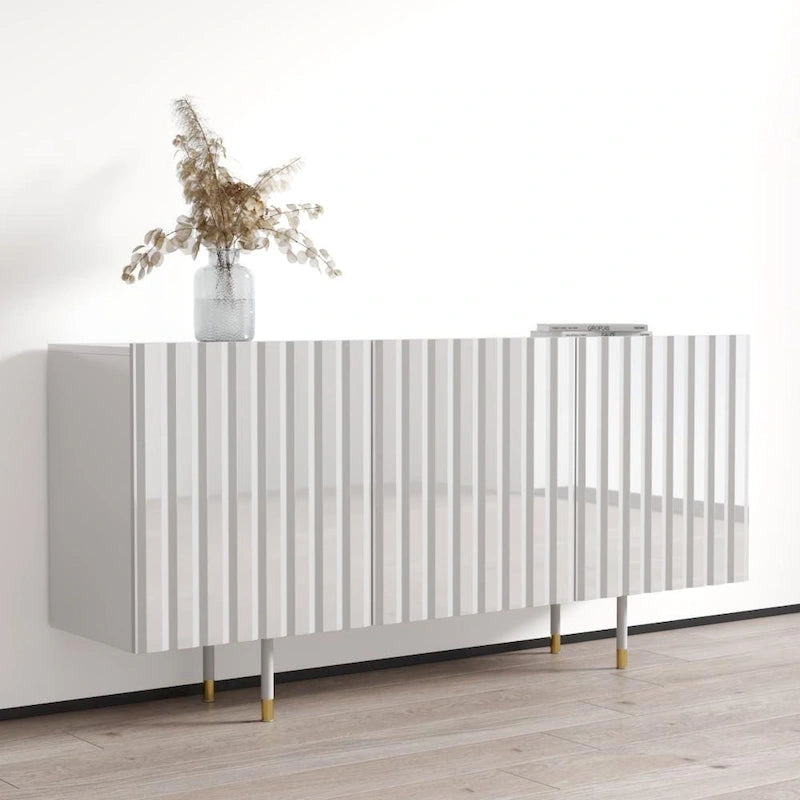 Bahut/Buffet moderne à portes cannelées avec pieds dorés, blanc/noir