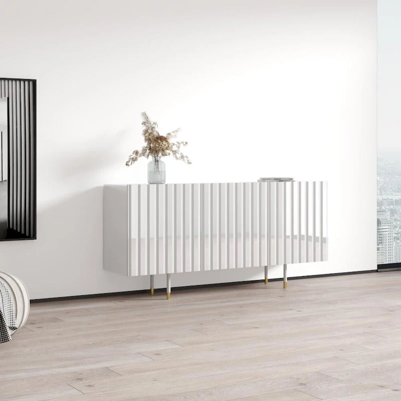 Bahut/Buffet moderne à portes cannelées avec pieds dorés, blanc/noir
