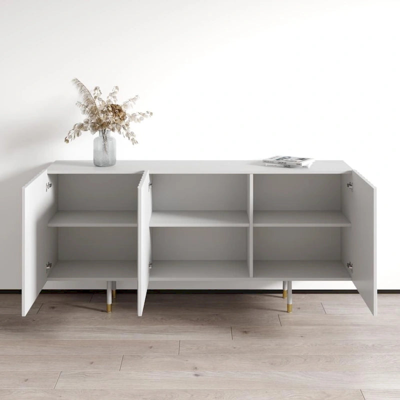 Bahut/Buffet moderne à portes cannelées avec pieds dorés, blanc/noir