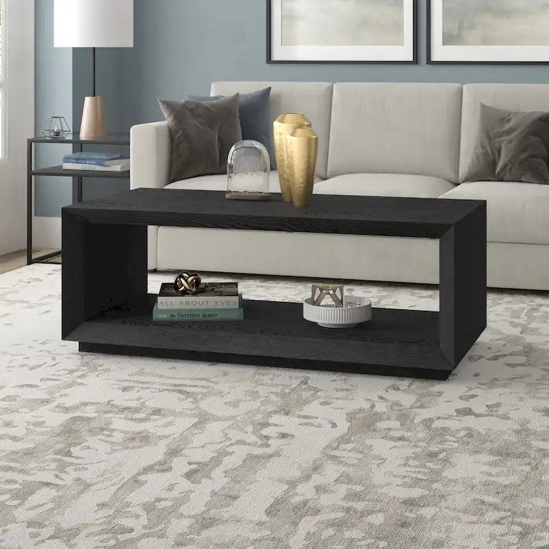 Table basse rectangulaire moderne avec étagère ouverte, finition grain de bois noir